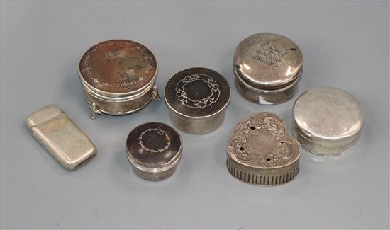 Small silver boxes including tortoiseshell trinket box, pill box, vesta case etc.